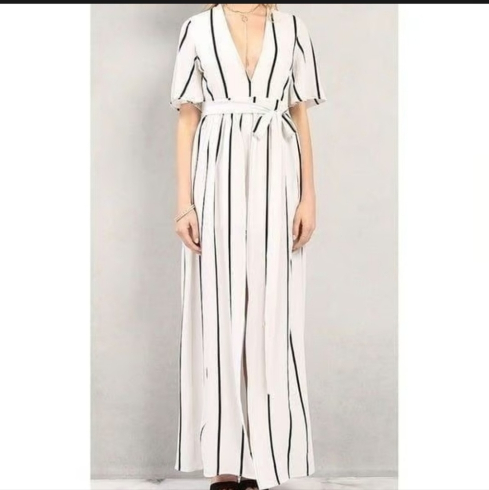Midnight Doll Women's Striped Jumpsuit With Shorts And Open Front Maxi Skirt